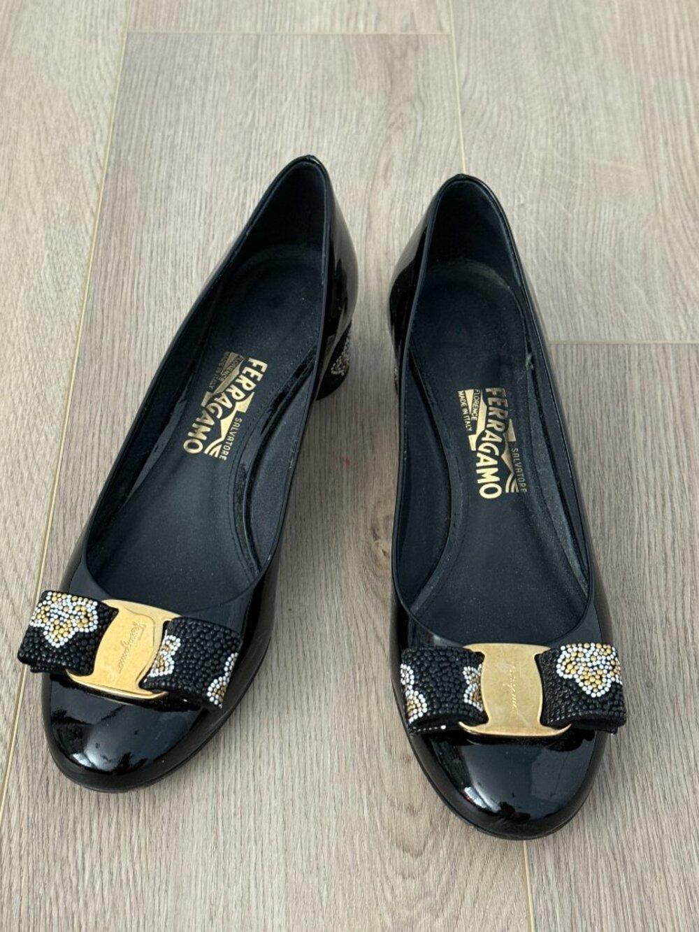Salvatore Ferragamo Black Patent Leather Bow Flats